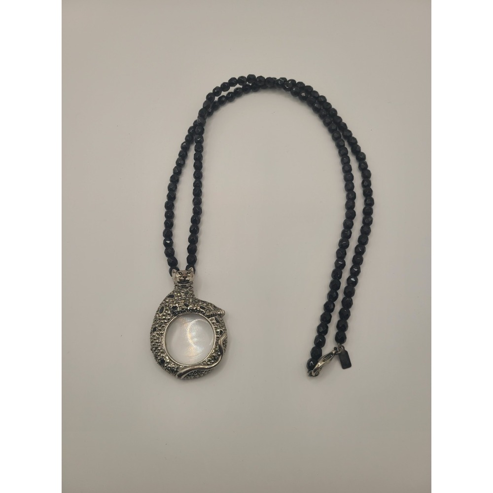 Silver Tone Crystal Panther Cat Magnifying Glass Pendant Necklace